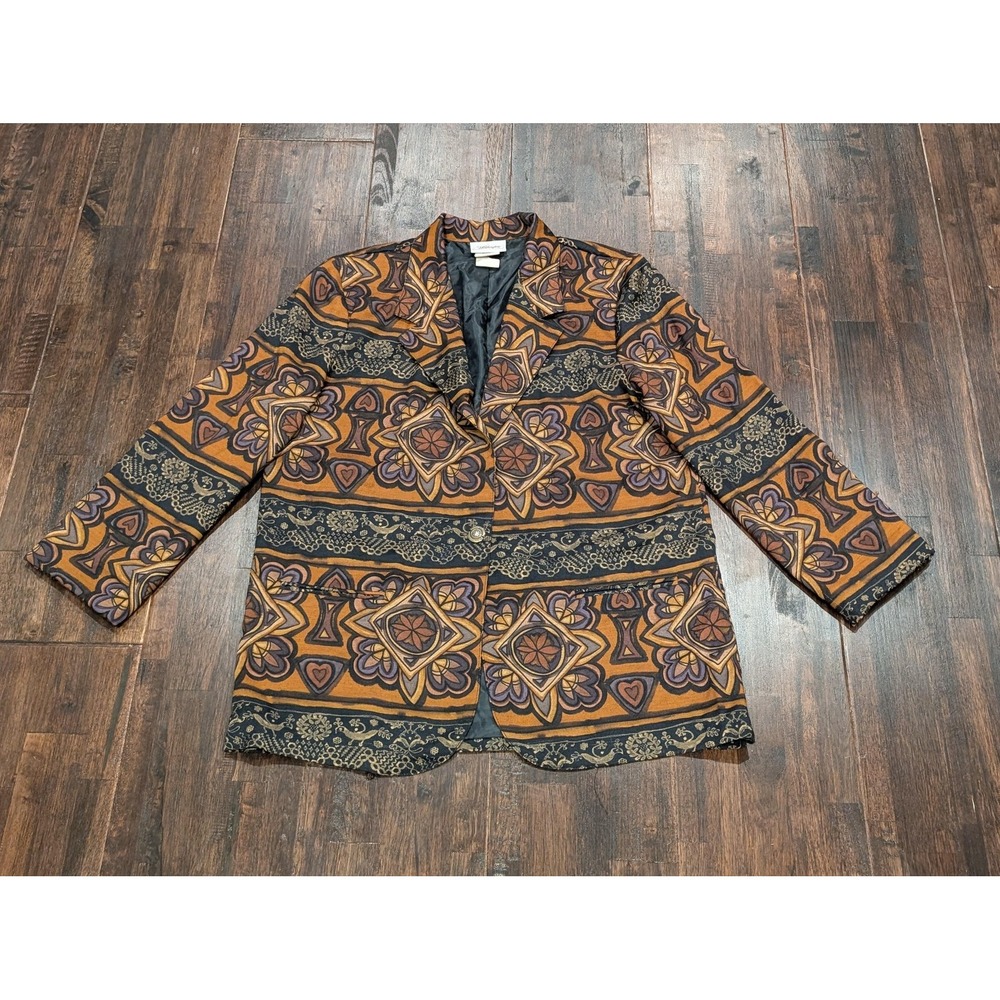 Vintage Worthington Blazer Womens Petite 14 L Brown Geometric Boho Made USA 90s